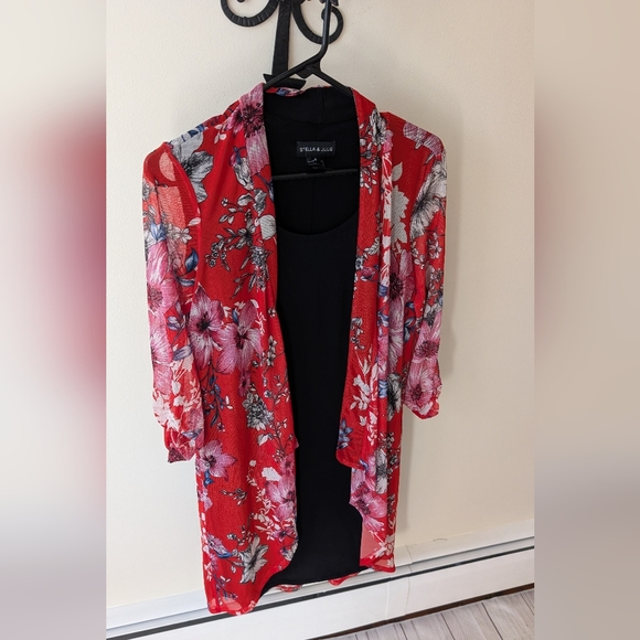 Stella and Julie black and red dress with sheer floral attached cardigan - Picture 9 of 11